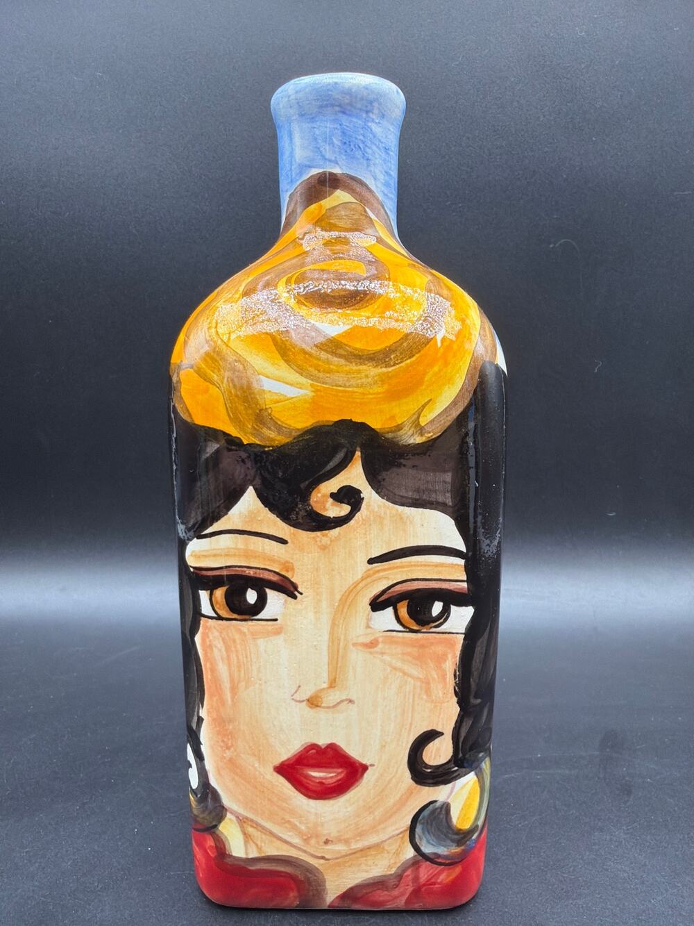 C Alenide Signed Art Pottery Woman Face Bottle 8" Vase Triana Sevilla Spain